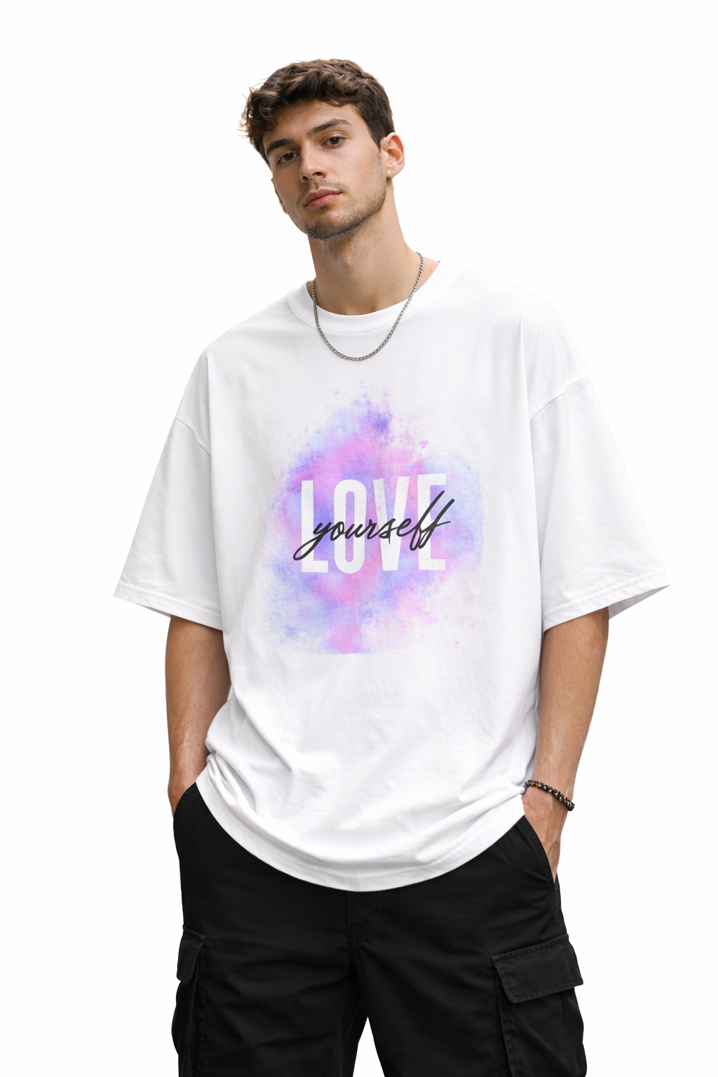 Person wearing a white t-shirt with colorful 'LOVE yourself' design on a white background