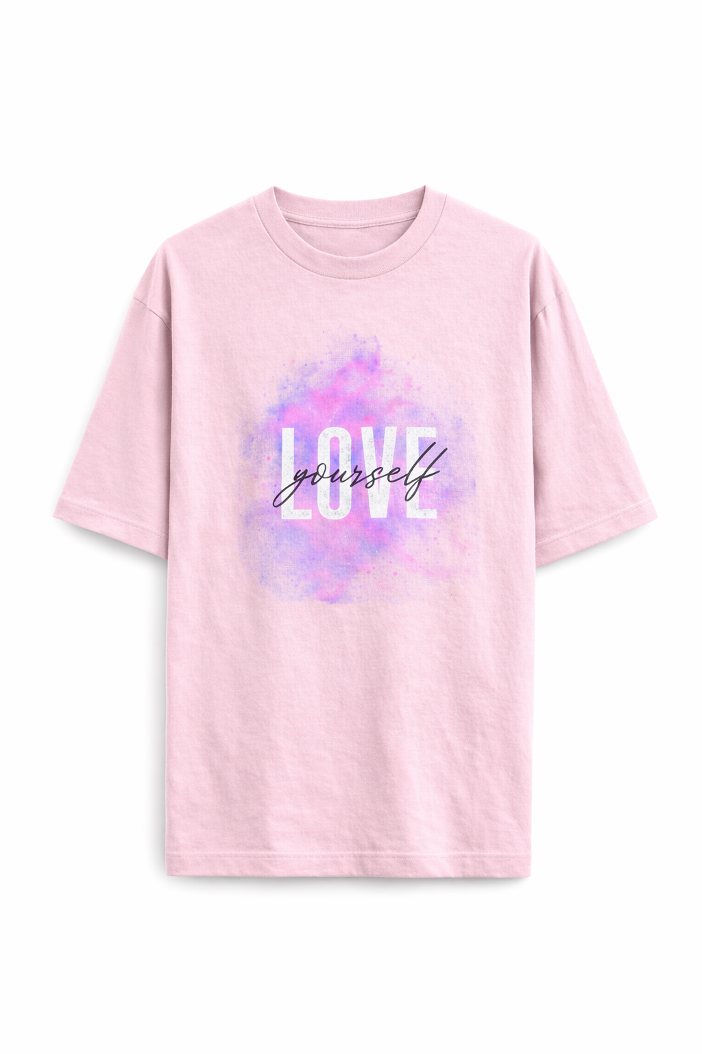 Pink t-shirt with 'LOVE yourself' text and watercolor design on a white background