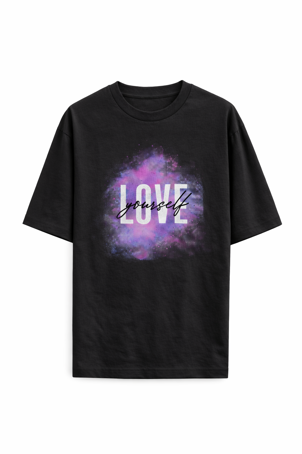Black t-shirt with 'LOVE yourself' text and purple abstract design on a white background