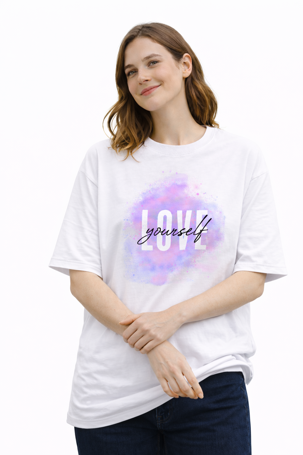 Woman wearing a white t-shirt with 'LOVE yourself' design on a white background